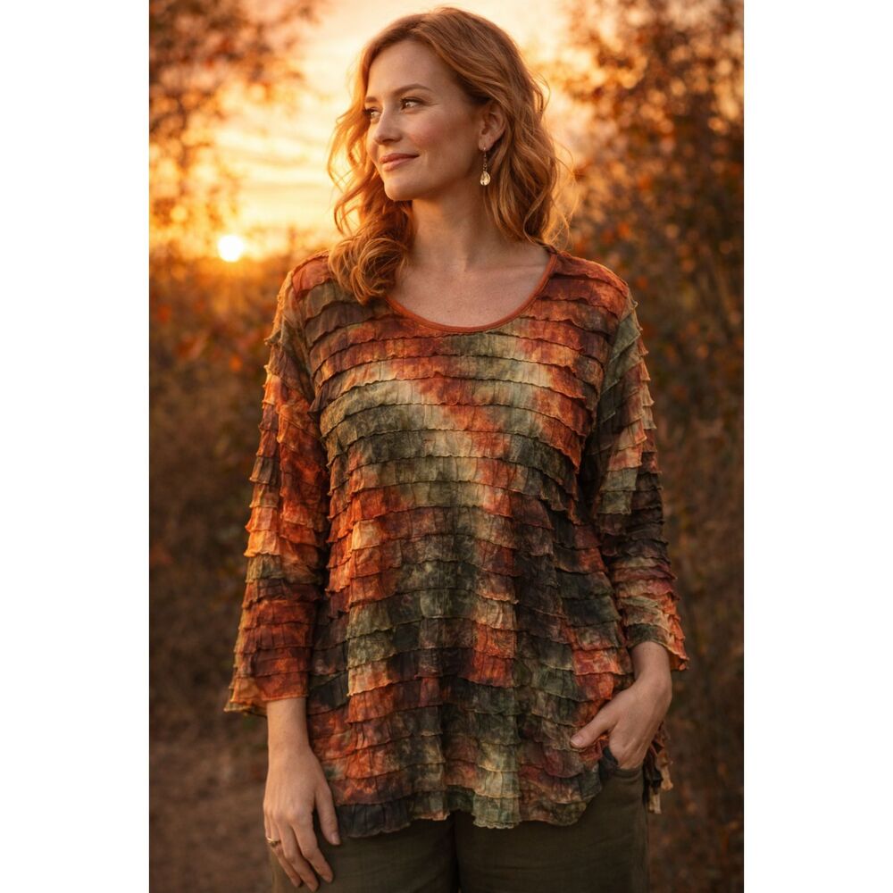 Vintage Ruffle Layered Boho Top – Earth Tone Watercolor Blouse – Women’s 2X